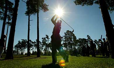 Annika Sorenstam of Sweden hits out of the rough while practicing for the Solheim Cup at the Barseback Golf and Country Club