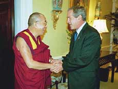 US President George W. Bush welcomes the Dalai Lama to the White House 