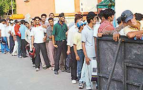 Young bowlers queue up to take part in 'Scorpio Speedster Fastest Bowler Hunt' that began at the grounds of DAV Senior Secondary School, Sector 8, on Thursday.