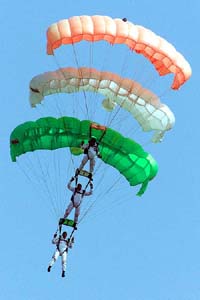 Air Force paratroopers perform during an air show in Jammu 