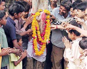 Curious residents offer flowers to the part of a tree that resembles Ganesha