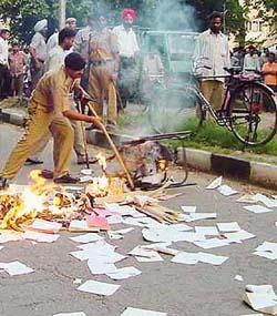 A policeman removes books set ablaze during an anti-encroachment drive at Sector 15, Chandigarh, on Friday.