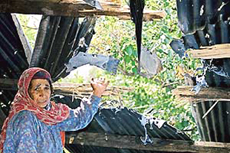 A Gujjar woman Shaheen of Sultan Dhaki, near the Line of Control, who lost two of her sons in shelling from across the border, shows the damage caused by the shelling to her house.
