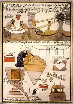 The tools and technique of making paper leaf depicted in a volume illustrating crafts and trades, Kashmir, mid-19th century
