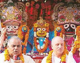 Lord Jagannath Rath Yatra being taken out by ISKCON devotees in Ambala on Sunday