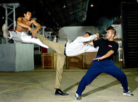 Bollywood star  Akshay Kumar shoots a fight sequence with Chinese Shaolin Master Hong Yu and Philippine Taekwondo expert Monsour Del Rosario during the making of the film, Aan