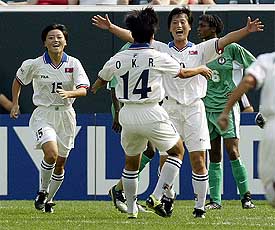 North Korean forward Jin Pyol Hui celebrates her goal against Nigeria with teammates at the Women's World Cup in Philadelphia