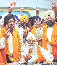 Prahlad Singh Chandhok (new DSGMC chief) with Paramjeet Singh Sarna and other newly elected executive members at a press conference in the Capital on Wednesday. 