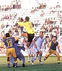 An aerial duel for the ball during the final of the DSA-ONGC Senior Division Soccer Championship at the Ambedkar Stadium on Wednesday.