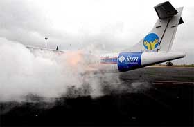 Fire seen on the left propeller of the Air Deccan aircraft before its inaugural flight from Hyderabad to Vijayawada 