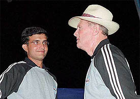 Saurav Ganguly and former England cricket captain Geoffrey Boycott at a Press conference in New Delhi