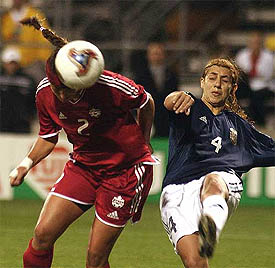 Canada's Christine Latham heads to score past Argentina's Andrea Gonsebate