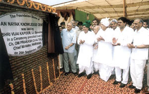 Delhi Lt-Governor Vijai Kapoor laying the foundation stone of Jan Nayak Knowledge Centre in the Capital on Friday.