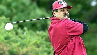 Former India cricket captain Kapil Dev in action during the first round of the Celebrity Pro-Am Golf tournament in Scotland 