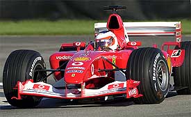 Ferrari driver Rubens Barrichello of Brazil practices at the Indianapolis Motor Speedway