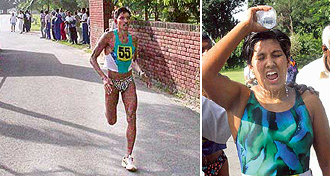 Kaptan Singh (chest number 55) of the Services finishes first; and Sneha Shampur of Karnataka who secured the first place in the women�s section pours water after finishing the race at the Sukhna Lake during the 12th Senior National Triathlon Championship.