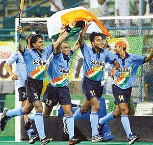 Indian players celebrate after defeating Pakistan in the sixth men’s Asia Cup Hockey Tournament in Kuala Lumpur