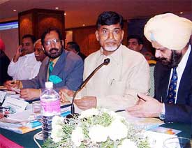 Andhra Pradesh Chief Minister Chandrababu Naidu and IOA President Suresh Kalmadi at a meeting on the forthcoming Afro-Asean Games in Hyderabad 