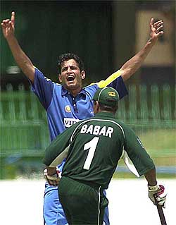 Irfan Pathan of Indian emerging cricket team celebrates after dismissing Pakistan emerging cricket team�s Aasim Muneer Butt 