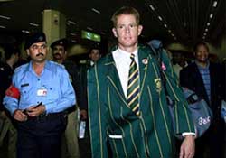 South African player Shaun Pollock arrives at the Allama Iqbal International Airport on Tuesday amidst tight security.