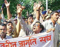 Activists of the Netraheen Jagriti Sangh, Haryana, stage a protest at Matka Chowk after a sangh member was allegedly pushed from the fourth floor of the 30 Bays Building in Sector 17, Chandigarh, on Wednesday.