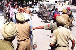 Student activists of various kisan unions being lathicharged near the Bathinda Civil Hospital on Wednesday after the death of one farmer in the Tuesday rail roko agitation.