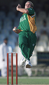 South African bowler Jacques Kallis bowls to Lahore City Nazim XI batsman Naved Latif
