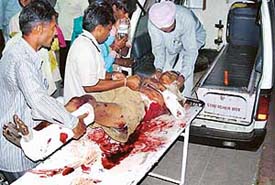 One of the victims of the blast, Chander Bahadur, being taken to the PGI, Chandigarh, from General Hospital, Panchkula, on Friday night.