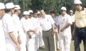 Vice-chairman of the National Cricket Academy C. K. Khanna being introduced to players of Swift Club