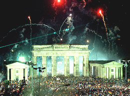 Fireworks explode over the Brandenburg Gate in Berlin