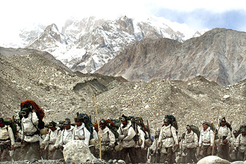 Indian soldiers muster at the base camp