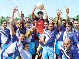 Jubilant members of the Panjab University football team that beat the team from PAU, Ludhiana, in a league match at the All-India Sports Festival of the Non-Teaching Employees Federation played in Chandigarh on Saturday.