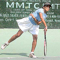 Sonia in action during the AITA Championship Series Tennis Tournament being held at the CLTA, Sector 10, Chandigarh, on Monday. 
