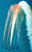 The Suryakiran aerobatic team performs during the Air Force Day celebrations