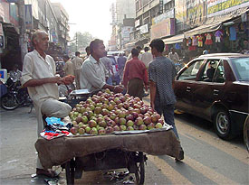 Fruit vendor or traffic hazard? : The Kacheri Road in the city is dotted by encroachers. To add to the problems are encroachments by shopkeepers who cover the roadsides with their knick-knacks. Tribune photo: Pradeep Tewari