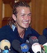 England's soccer captain David Beckham during a press conference in Istanbul, Turkey, on Friday. England play Turkey in a Euro 2004 soccer qualifier in Turkey on Saturday.