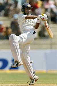 India's Akash Chopra plays a shot during the fourth day's play of the first cricket Test match between India and New Zealand 