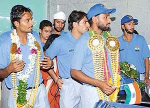 Baljit Singh and team-mates at the Chennai airport on return from Kuala Lumpur
