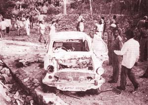 The badly-damaged bullet-proof car of Andhra Chief Minister Chandrababu Naidu after the recent attempt on his life by the PWG
