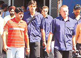 Members of the New Zealand cricket team arrive at the Chandigarh airport on Monday for the Test match against India, which begins at the PCA stadium in SAS Nagar on Thursday.