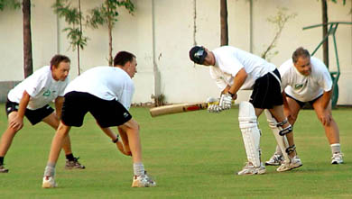 New Zealand players practice at the PCA Stadium in Mohali on Monday