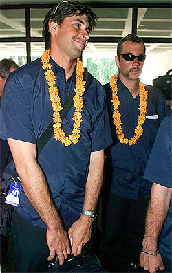 New Zealand captain Stephen Fleming and Craig McMillan arrive at Chandigarh 