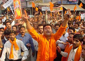 Activists of the Punjab Pradesh Shiv Sena hold a protest rally on the Sankalp Divas eve in Ludhiana
