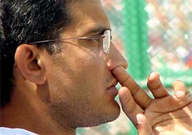 Saurav Ganguly seems a worried man as he watches the action on the first day of the second Test from the sidelines 