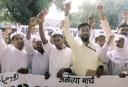The members of All India Babri Masjid Rebuilding Committee demonstrating in front of the Parliament House, demanding the building of Babri Masjid at its original site in the Capital on Friday.