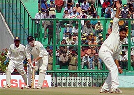 Harbhajan Singh unsuccessfully appeals for an lbw against Scott Styris of New Zealand on the second day of the second Test at Mohali. � A Tribune photograph