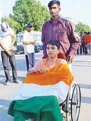 Physical disability has not dampened the spirits of Abhimanyu, a resident of Phase III-A, SAS Nagar, who came to see Indian players bat on a wheel chair