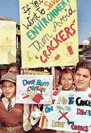 Schoolchildren hold a rally against the use of crackers in Chandigarh on Monday. 