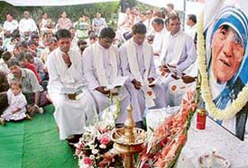 Priests of the Shimla-Chandigarh Diocese offer prayers to celebrate the beatification of Mother Teresa at Shantidan, the local Home of the Missionaries of Charity, Sector 23, in Chandigarh on Monday.
