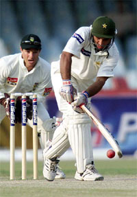 Pakistani opening batsman Taufiq Umar in action on the fourth day of the first Test in Lahore 